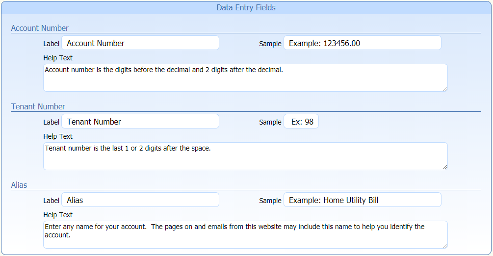 Account and Tenant Data Entry Fields