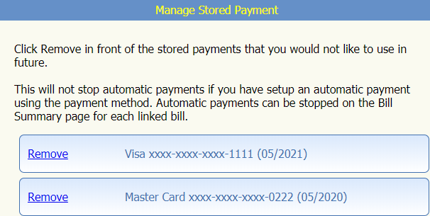 Customer Manage Stored Payments Page